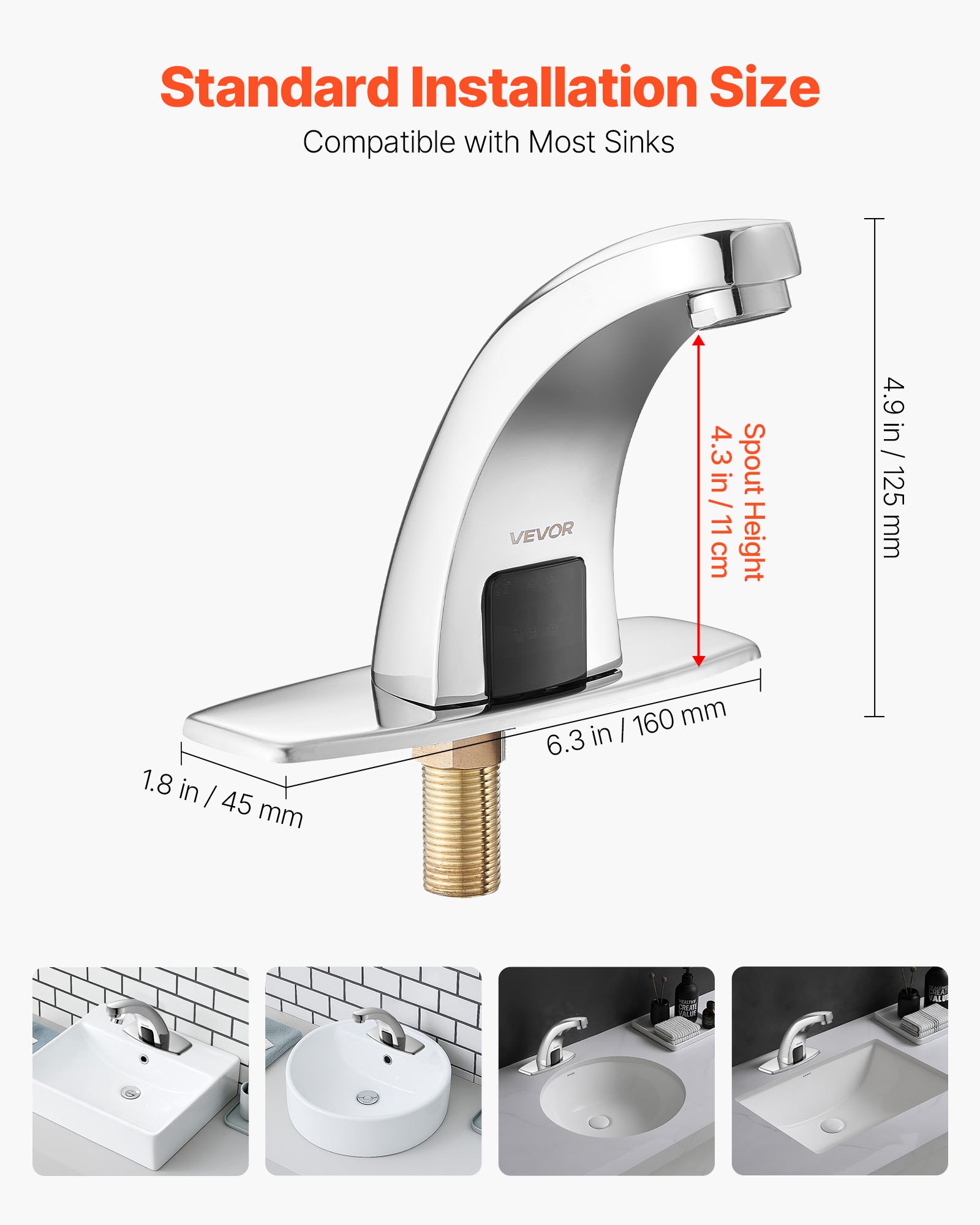 VEVOR Touchless Bathroom Sink Faucet, Automatic Motion Sensor Restroom Toilet Faucet with Hole Cover Plate, Battery Operated,Hot/Cold Water for 9.5 mm Pipe Commercial Lavatory,Chrome Plated Silver