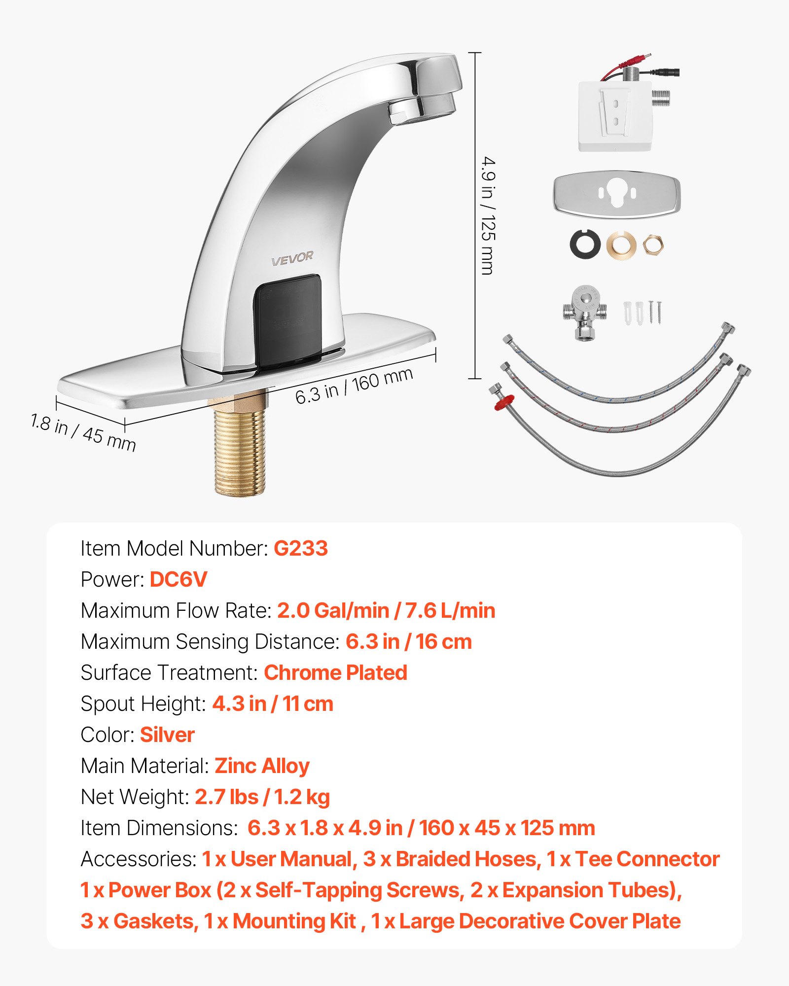 VEVOR Touchless Bathroom Sink Faucet, Automatic Motion Sensor Restroom Toilet Faucet with Hole Cover Plate, Battery Operated,Hot/Cold Water for 9.5 mm Pipe Commercial Lavatory,Chrome Plated Silver