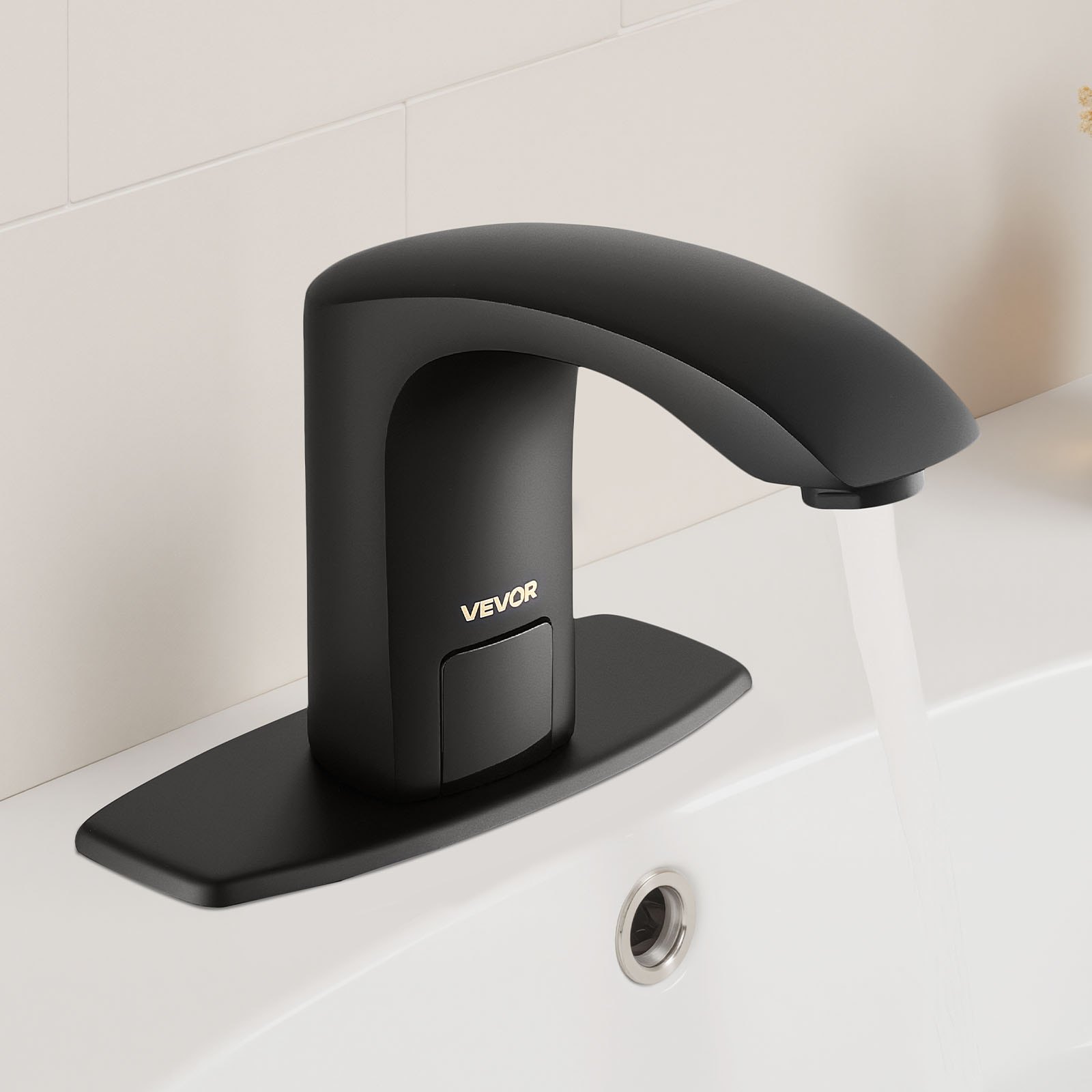 VEVOR Touchless Bathroom Sink Faucet, Automatic Motion Sensor Restroom Toilet Faucet with Hole Cover Plate, Battery Operated,Adjustable Temperature for 14.3mm Pipe Commercial Lavatory,Matte Black