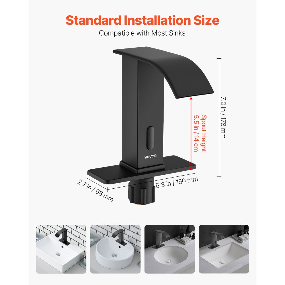VEVOR Touchless Bathroom Sink Faucet, Automatic Motion Sensor Waterfall Restroom Toilet Faucet with Hole Cover Plate, Battery Operated,Hot/Cold Water for 14.3mm Pipe Commercial Lavatory,Matte Black