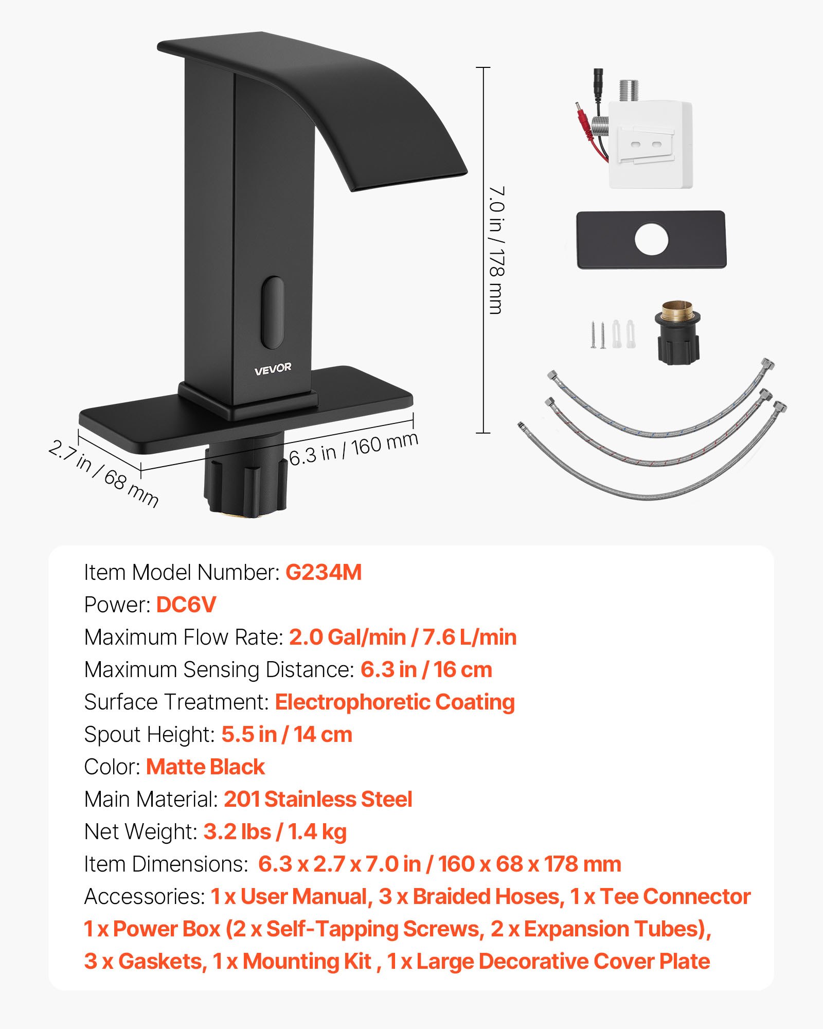 VEVOR Touchless Bathroom Sink Faucet, Automatic Motion Sensor Waterfall Restroom Toilet Faucet with Hole Cover Plate, Battery Operated,Hot/Cold Water for 14.3mm Pipe Commercial Lavatory,Matte Black