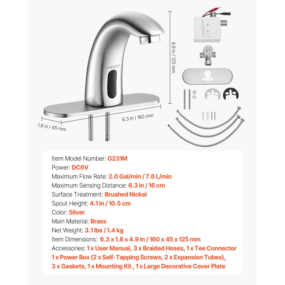 VEVOR Touchless Bathroom Sink Faucet, Automatic Motion Sensor Restroom Toilet Faucet with Hole Cover Plate, Battery Operated,Adjustable Temp for 14.3mm Pipe Commercial Lavatory,Brushed Nickel Silver