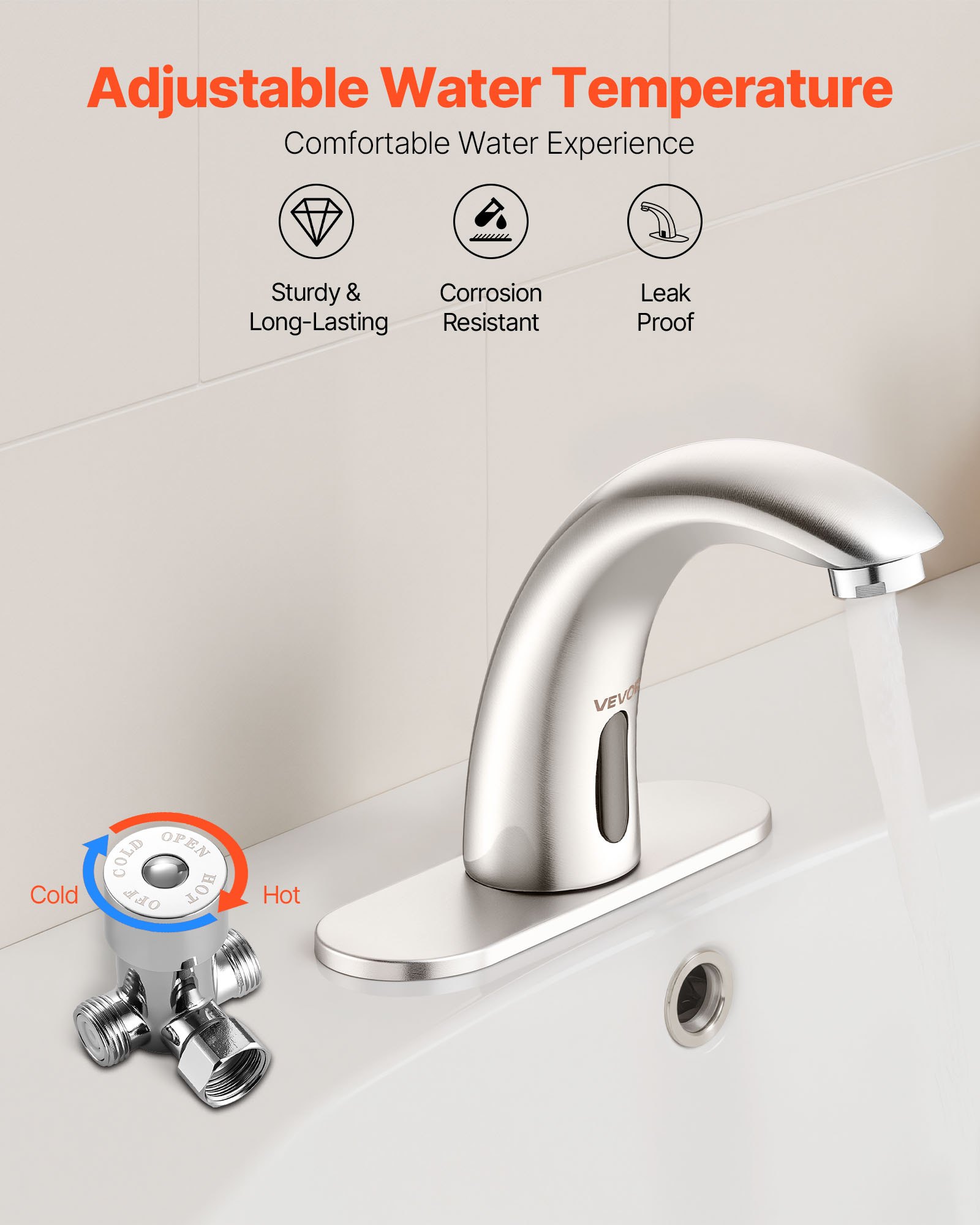 VEVOR Touchless Bathroom Sink Faucet, Automatic Motion Sensor Restroom Toilet Faucet with Hole Cover Plate, Battery Operated,Adjustable Temp for 14.3mm Pipe Commercial Lavatory,Brushed Nickel Silver