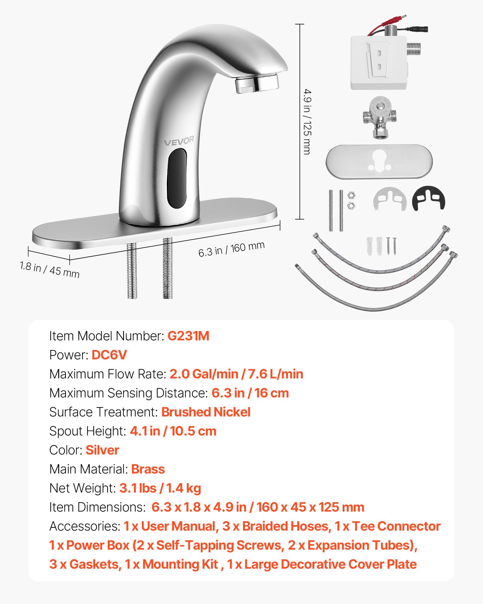VEVOR Touchless Bathroom Sink Faucet, Automatic Motion Sensor Restroom Toilet Faucet with Hole Cover Plate, Battery Operated,Adjustable Temp for 14.3mm Pipe Commercial Lavatory,Brushed Nickel Silver