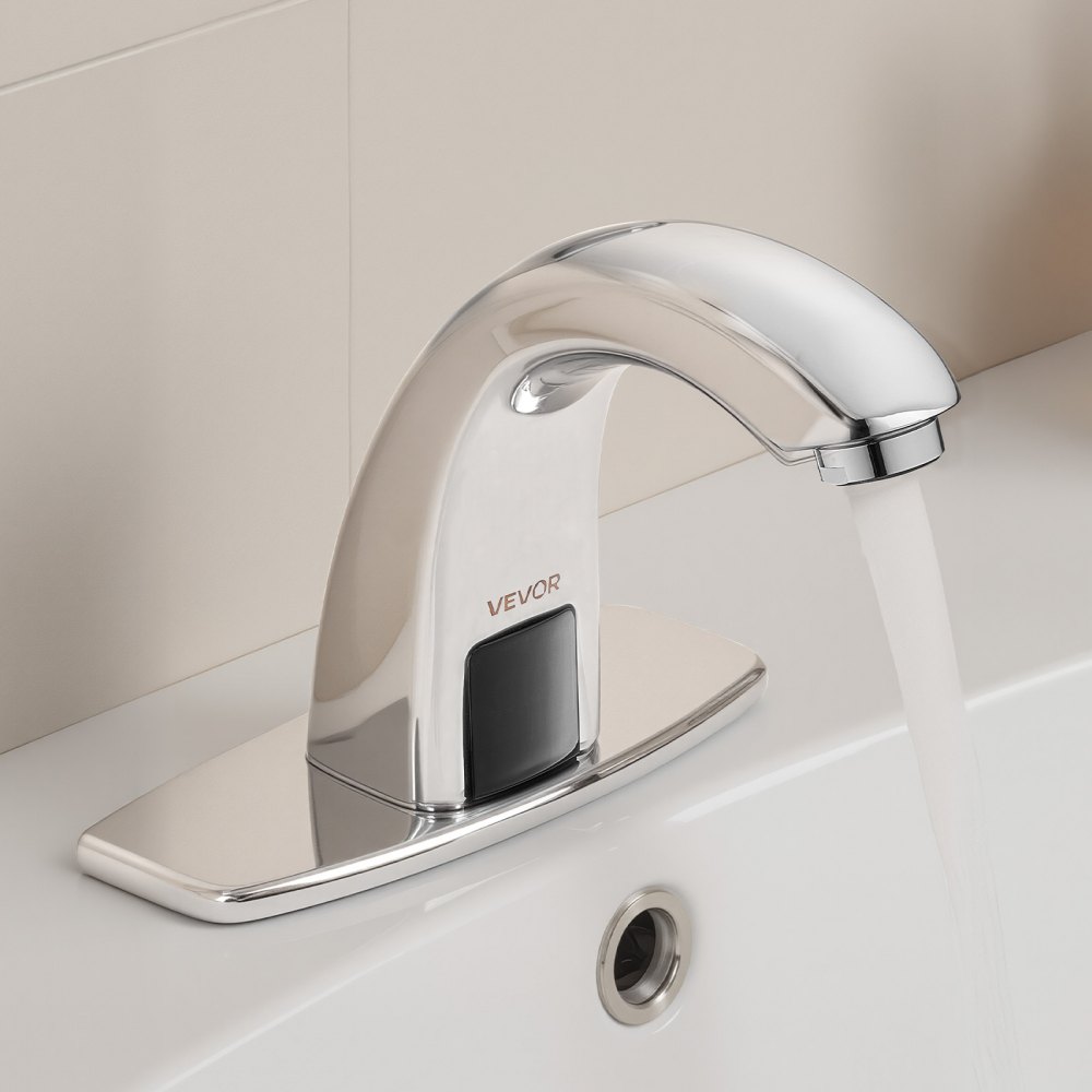 VEVOR Touchless Bathroom Sink Faucet, Automatic Motion Sensor Restroom Toilet Faucet with Hole Cover Plate, Battery Operated,Adjustable Temp for 14.3mm Pipe Commercial Lavatory,Chrome Plated Silver