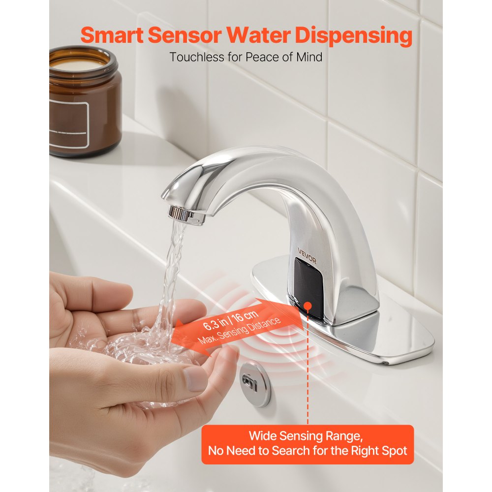 VEVOR Touchless Bathroom Sink Faucet, Automatic Motion Sensor Restroom Toilet Faucet with Hole Cover Plate, Battery Operated,Adjustable Temp for 9.5 mm Pipe Commercial Lavatory,Chrome Plated Silver