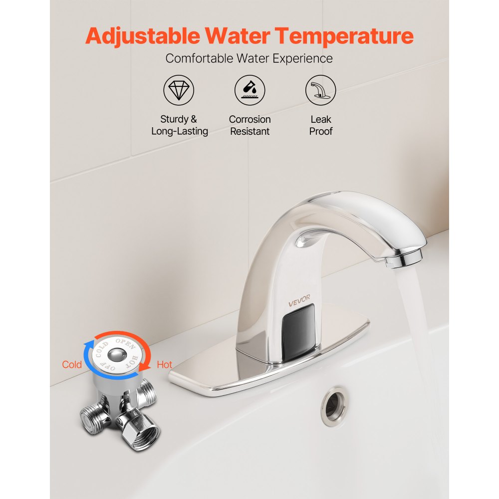 VEVOR Touchless Bathroom Sink Faucet, Automatic Motion Sensor Restroom Toilet Faucet with Hole Cover Plate, Battery Operated,Adjustable Temp for 9.5 mm Pipe Commercial Lavatory,Chrome Plated Silver