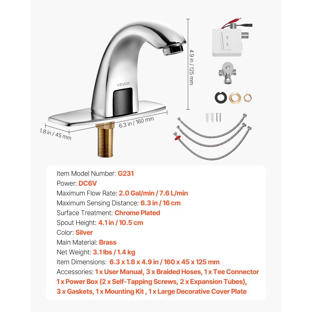 VEVOR Touchless Bathroom Sink Faucet, Automatic Motion Sensor Restroom Toilet Faucet with Hole Cover Plate, Battery Operated,Adjustable Temp for 9.5 mm Pipe Commercial Lavatory,Chrome Plated Silver