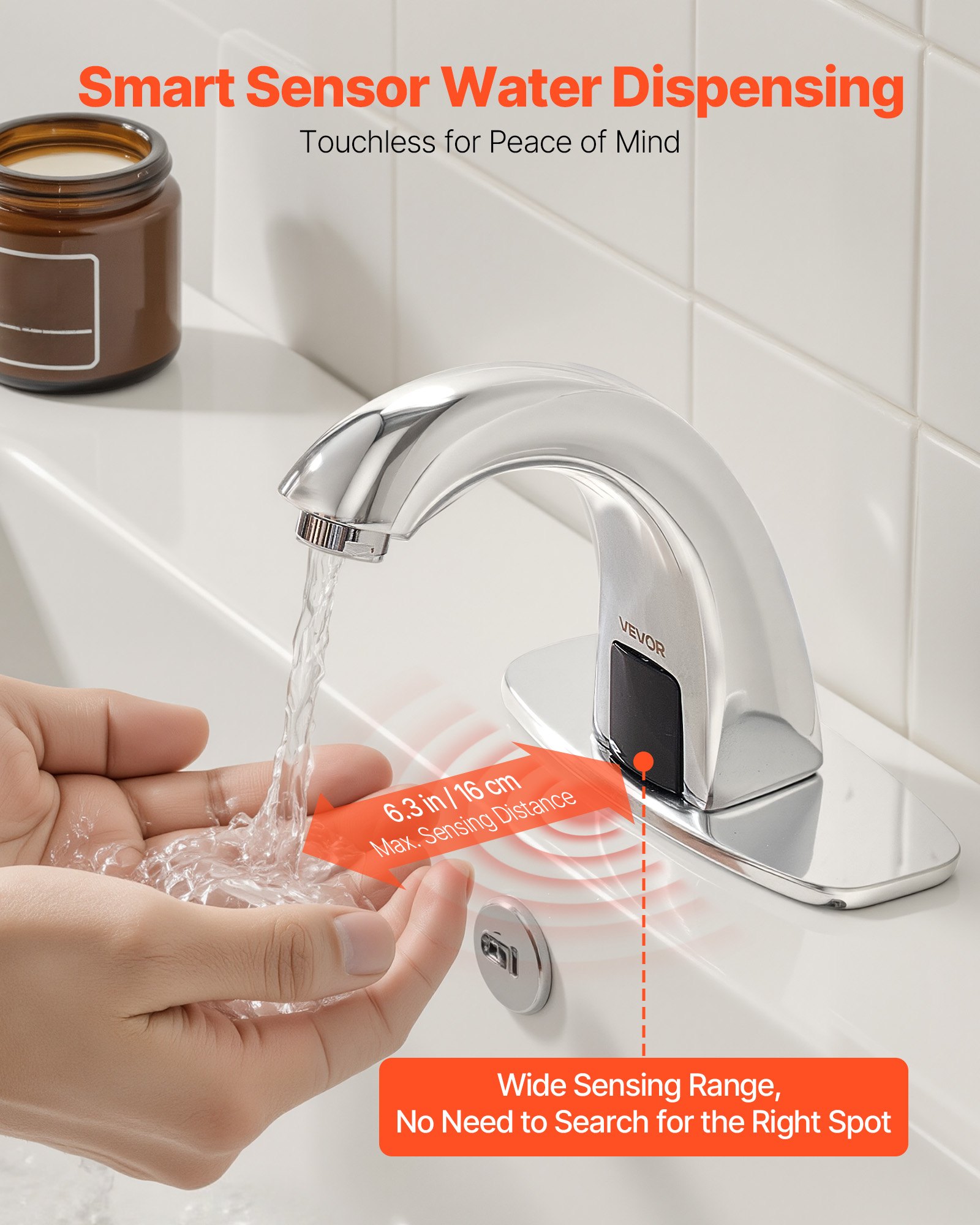 VEVOR Touchless Bathroom Sink Faucet, Automatic Motion Sensor Restroom Toilet Faucet with Hole Cover Plate, Battery Operated,Adjustable Temp for 9.5 mm Pipe Commercial Lavatory,Chrome Plated Silver