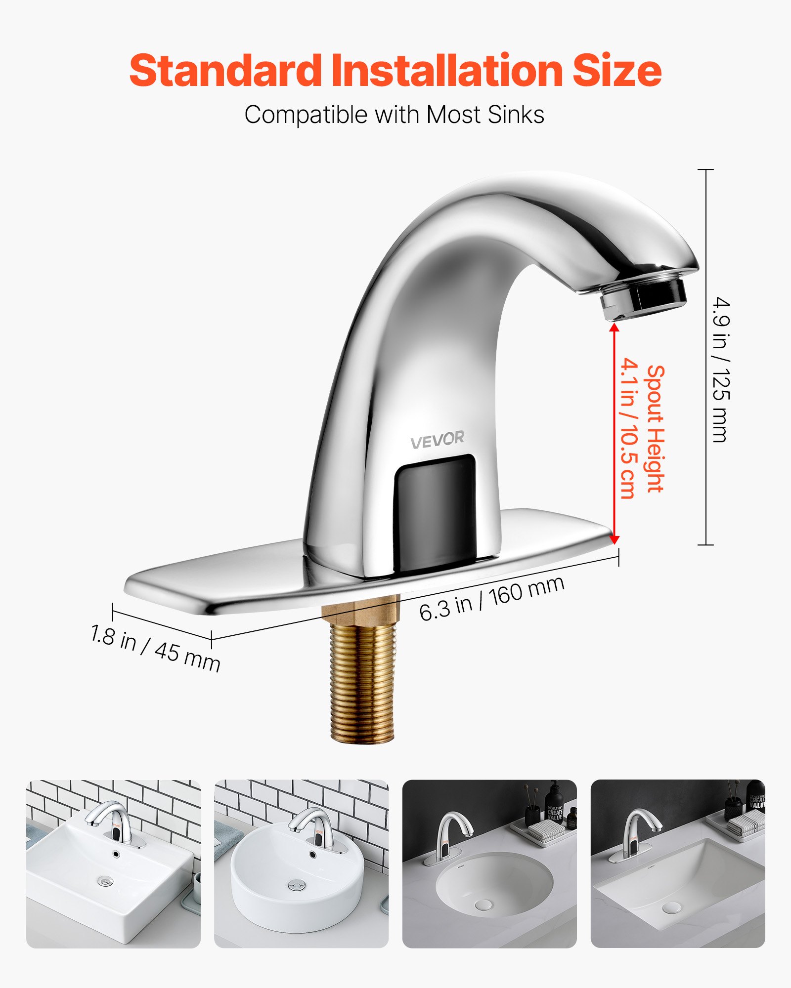 VEVOR Touchless Bathroom Sink Faucet, Automatic Motion Sensor Restroom Toilet Faucet with Hole Cover Plate, Battery Operated,Adjustable Temp for 9.5 mm Pipe Commercial Lavatory,Chrome Plated Silver