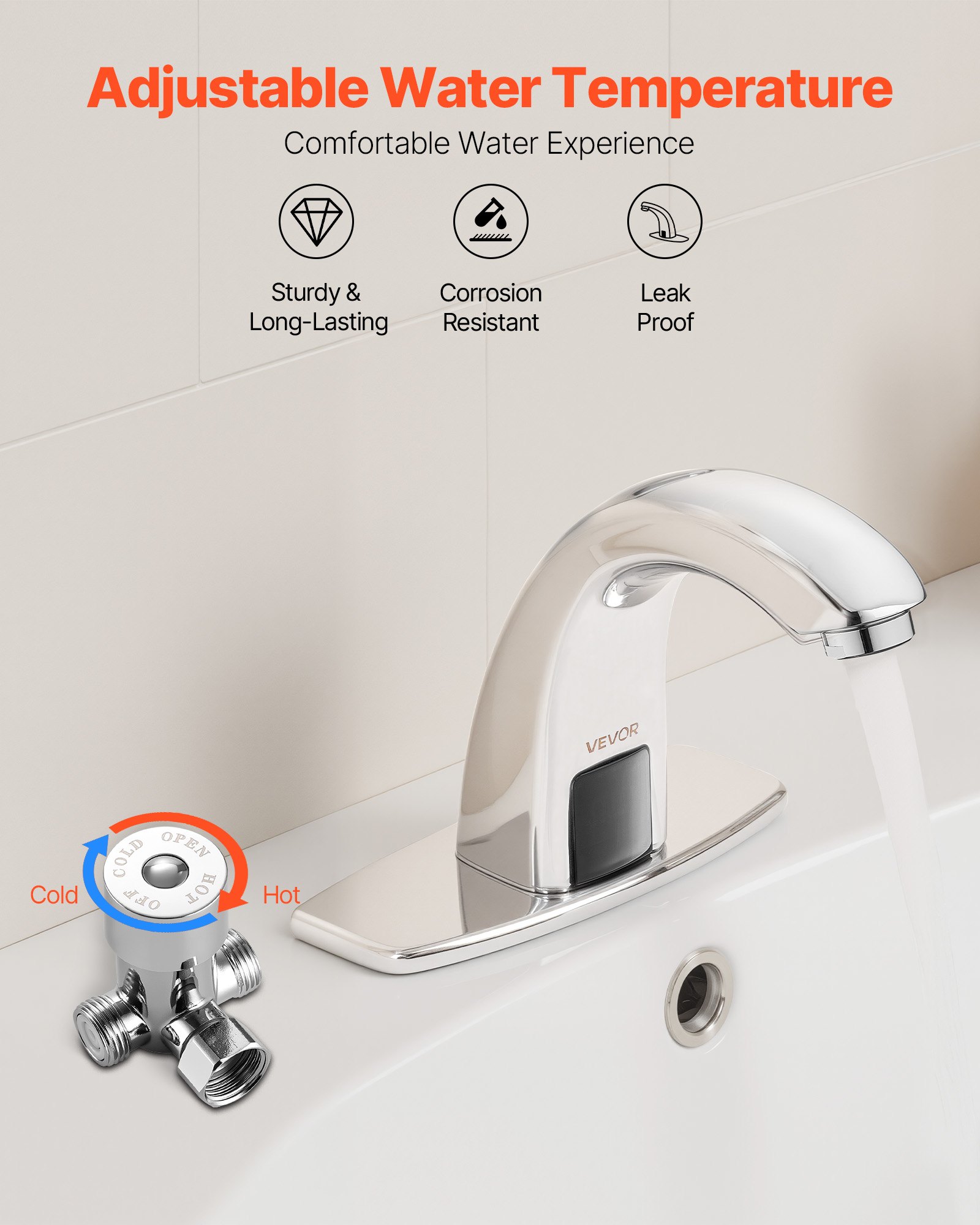 VEVOR Touchless Bathroom Sink Faucet, Automatic Motion Sensor Restroom Toilet Faucet with Hole Cover Plate, Battery Operated,Adjustable Temp for 9.5 mm Pipe Commercial Lavatory,Chrome Plated Silver