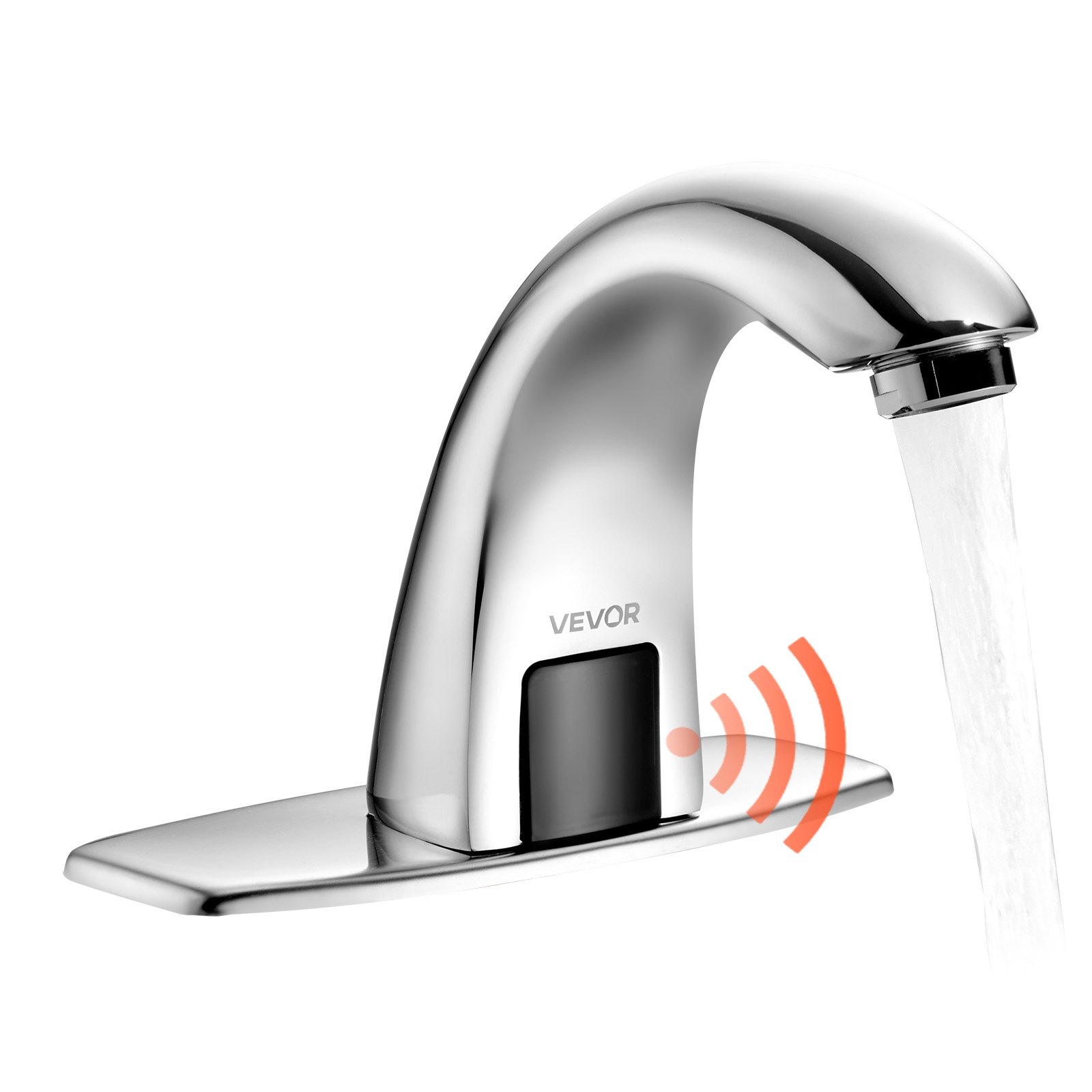 VEVOR Touchless Bathroom Sink Faucet, Automatic Motion Sensor Restroom Toilet Faucet with Hole Cover Plate, Battery Operated,Adjustable Temp for 9.5 mm Pipe Commercial Lavatory,Chrome Plated Silver
