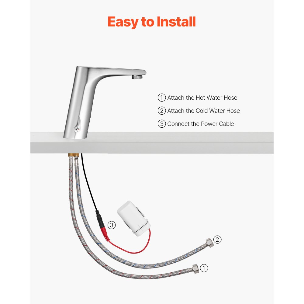 VEVOR Touchless Bathroom Sink Faucet, Automatic Motion Sensor Restroom Toilet Faucet, HandsFree Adjustable Cold Hot Single Handle Water Mixer Battery Operated for 14.3mm Pipe,Brushed Nickel Silver