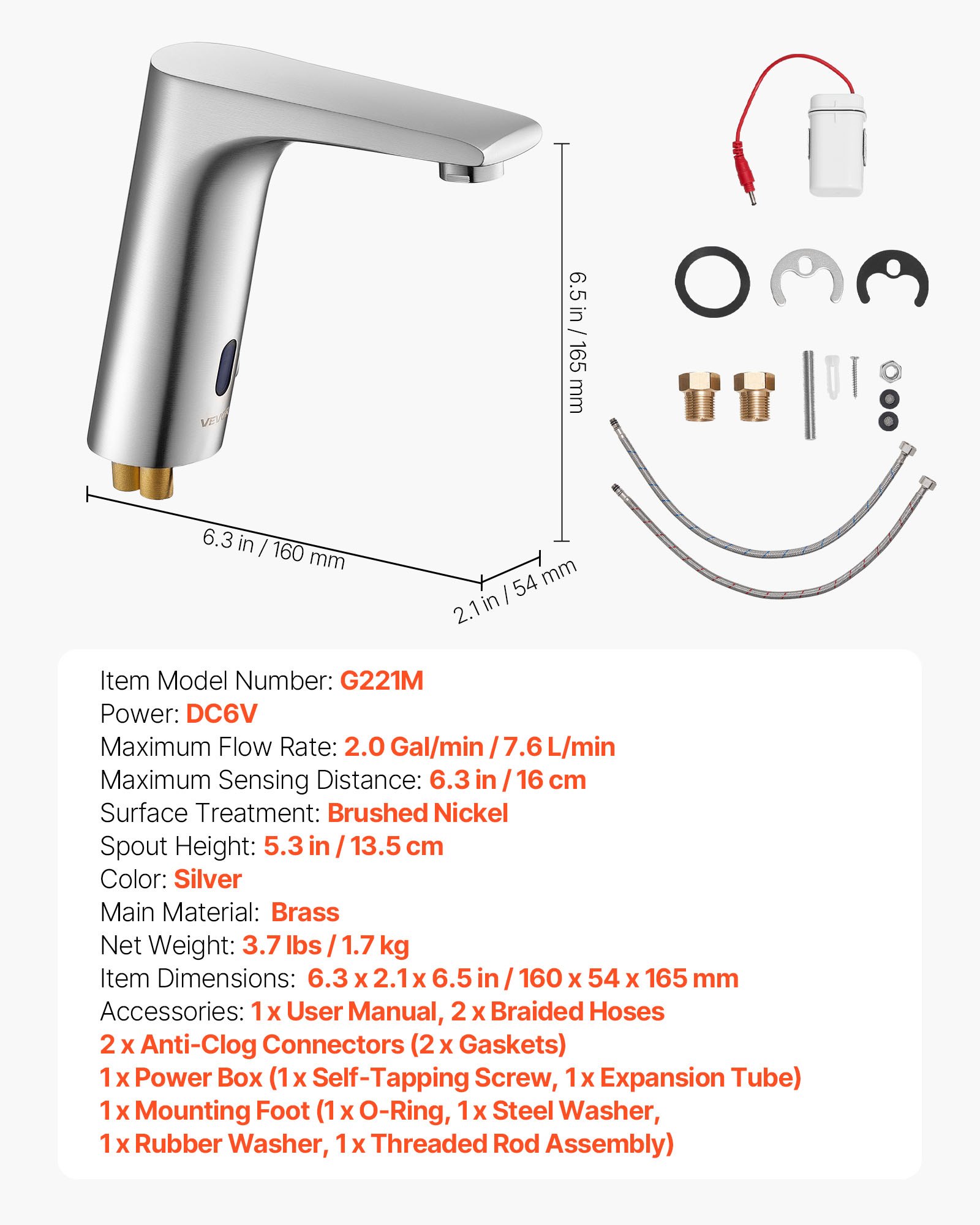 VEVOR Touchless Bathroom Sink Faucet, Automatic Motion Sensor Restroom Toilet Faucet, HandsFree Adjustable Cold Hot Single Handle Water Mixer Battery Operated for 14.3mm Pipe,Brushed Nickel Silver