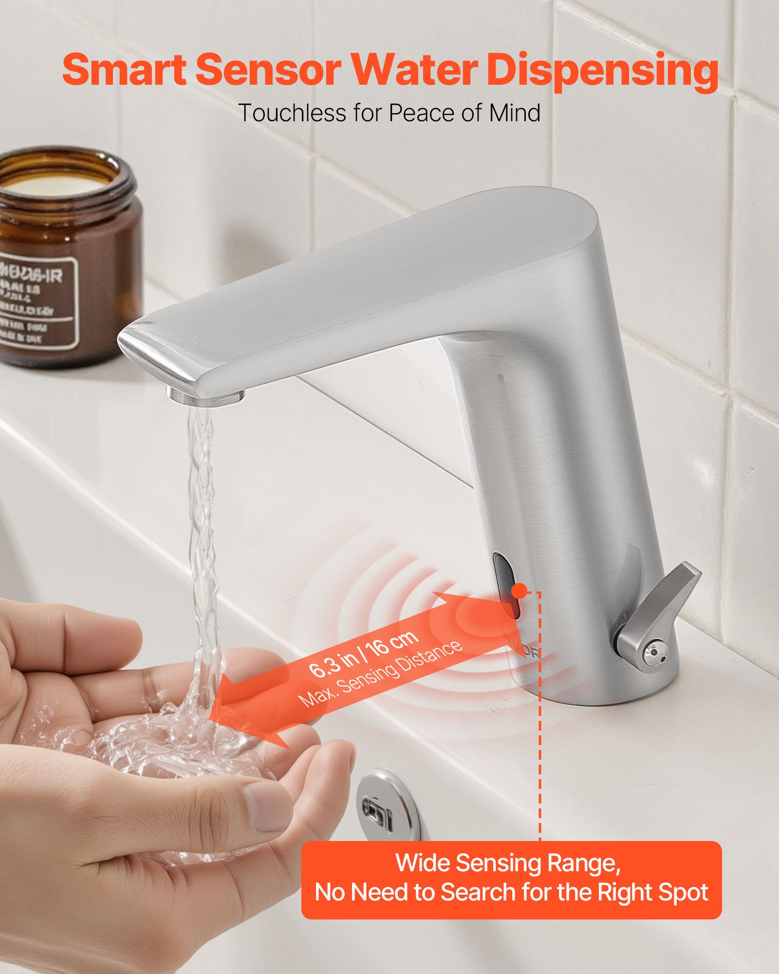 VEVOR Touchless Bathroom Sink Faucet, Automatic Motion Sensor Restroom Toilet Faucet, HandsFree Adjustable Cold Hot Single Handle Water Mixer Battery Operated for 9.5 mm Pipe,Brushed Nickel Silver