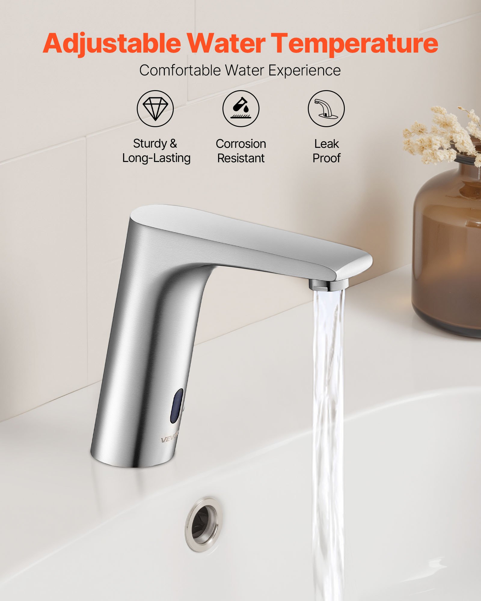 VEVOR Touchless Bathroom Sink Faucet, Automatic Motion Sensor Restroom Toilet Faucet, HandsFree Adjustable Cold Hot Single Handle Water Mixer Battery Operated for 9.5 mm Pipe,Brushed Nickel Silver