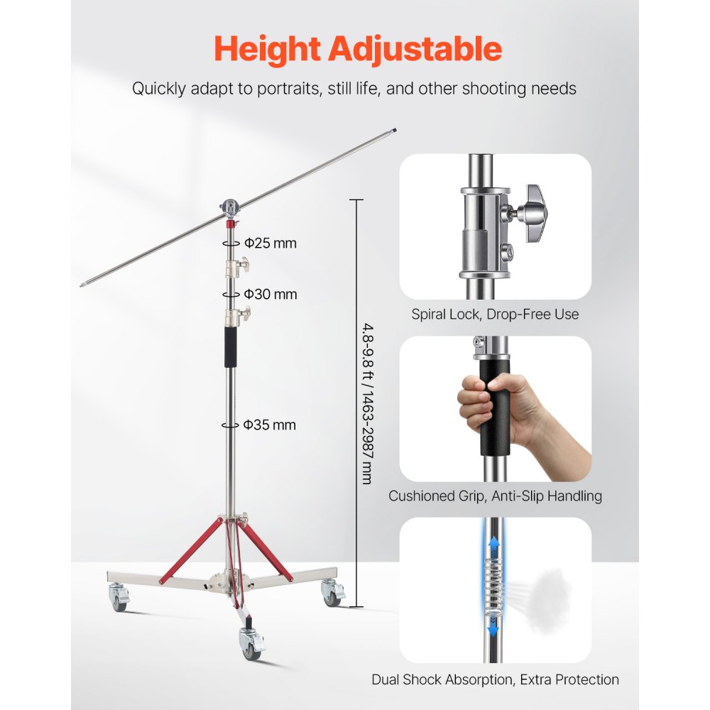 VEVOR Heavy Duty Light Stand with Casters, Max Height 10.5 ft/320 cm, Adjustable Tripod Stand with Stainless Steel, Photography Wheeled Base Stand, for Studio Softbox, Monolight, Reflector Shooting