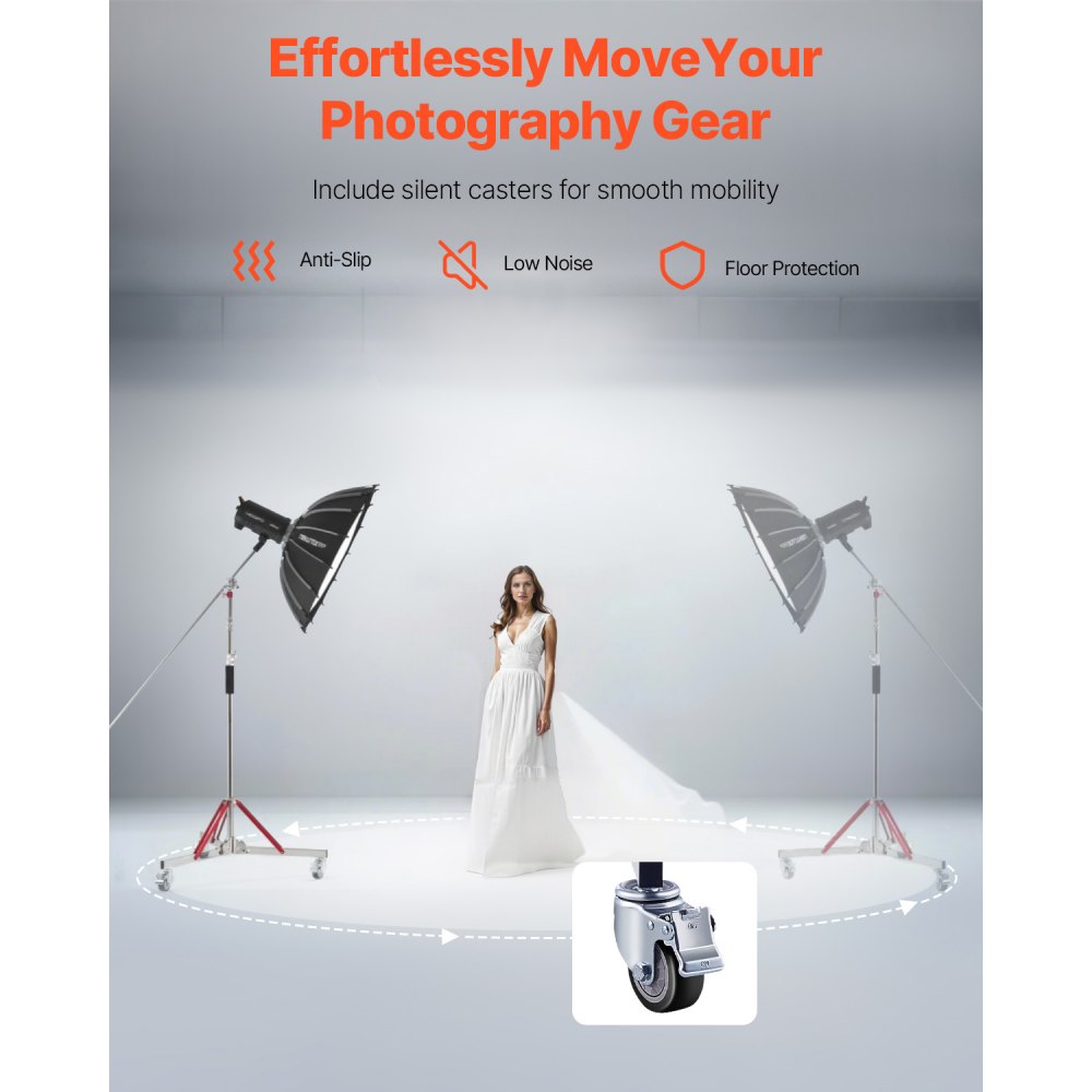 VEVOR Heavy Duty Light Stand with Casters, Max Height 10.5 ft/320 cm, Adjustable Tripod Stand with Stainless Steel, Photography Wheeled Base Stand, for Studio Softbox, Monolight, Reflector Shooting