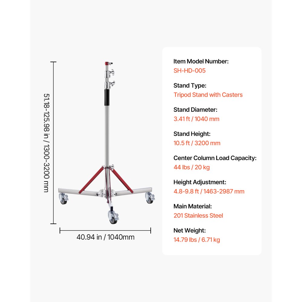 VEVOR Heavy Duty Light Stand with Casters, Max Height 10.5 ft/320 cm, Adjustable Tripod Stand with Stainless Steel, Photography Wheeled Base Stand, for Studio Softbox, Monolight, Reflector Shooting