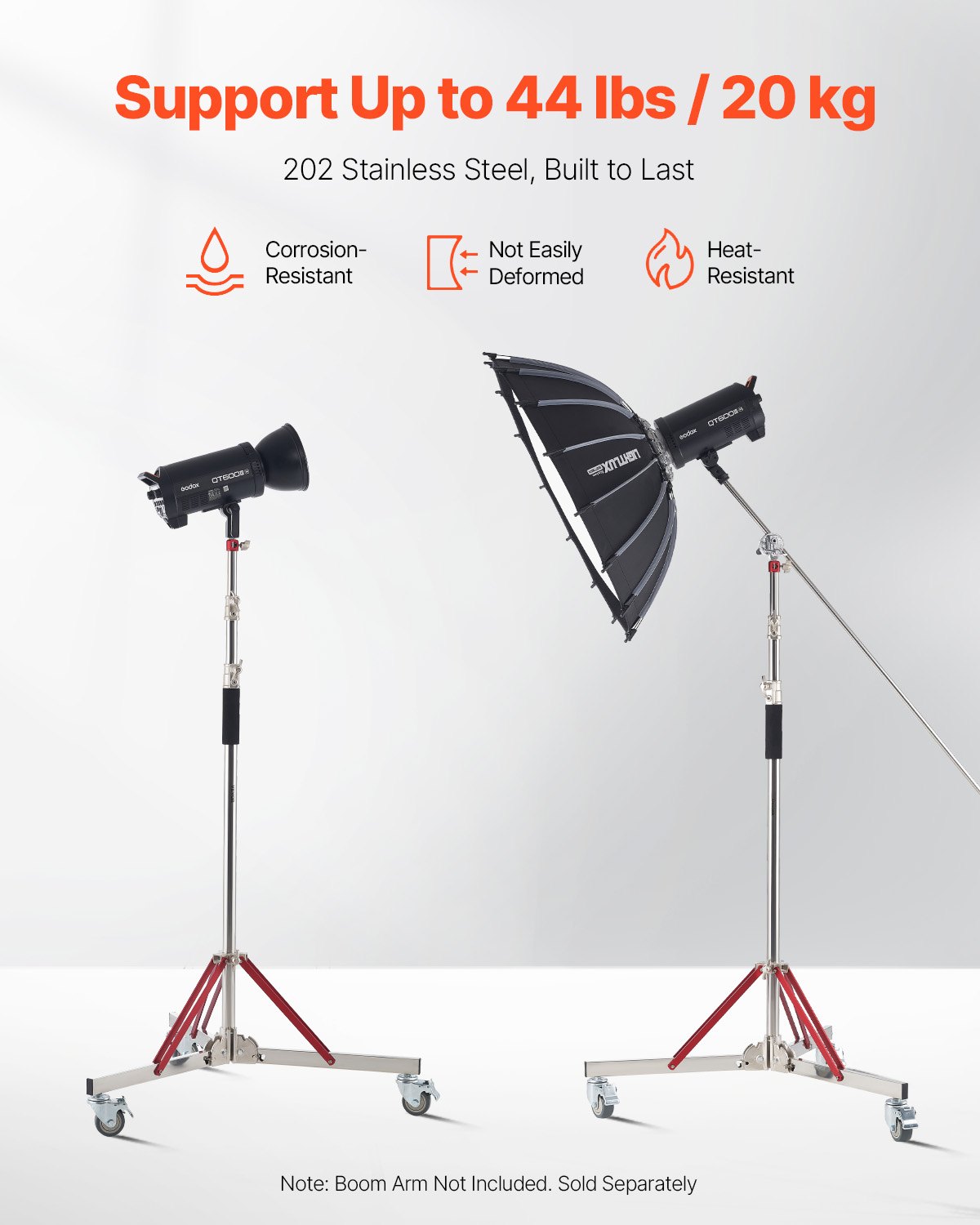 VEVOR Heavy Duty Light Stand with Casters, Max Height 10.5 ft/320 cm, Adjustable Tripod Stand with Stainless Steel, Photography Wheeled Base Stand, for Studio Softbox, Monolight, Reflector Shooting