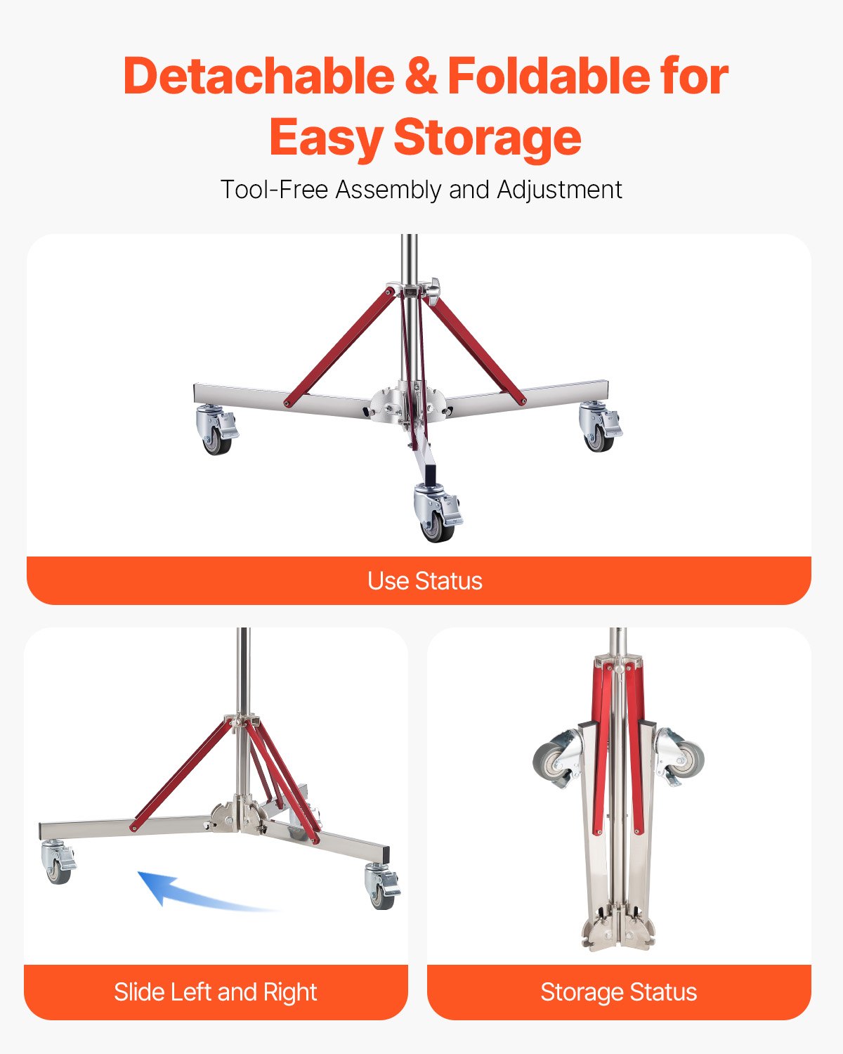 VEVOR Heavy Duty Light Stand with Casters, Max Height 10.5 ft/320 cm, Adjustable Tripod Stand with Stainless Steel, Photography Wheeled Base Stand, for Studio Softbox, Monolight, Reflector Shooting