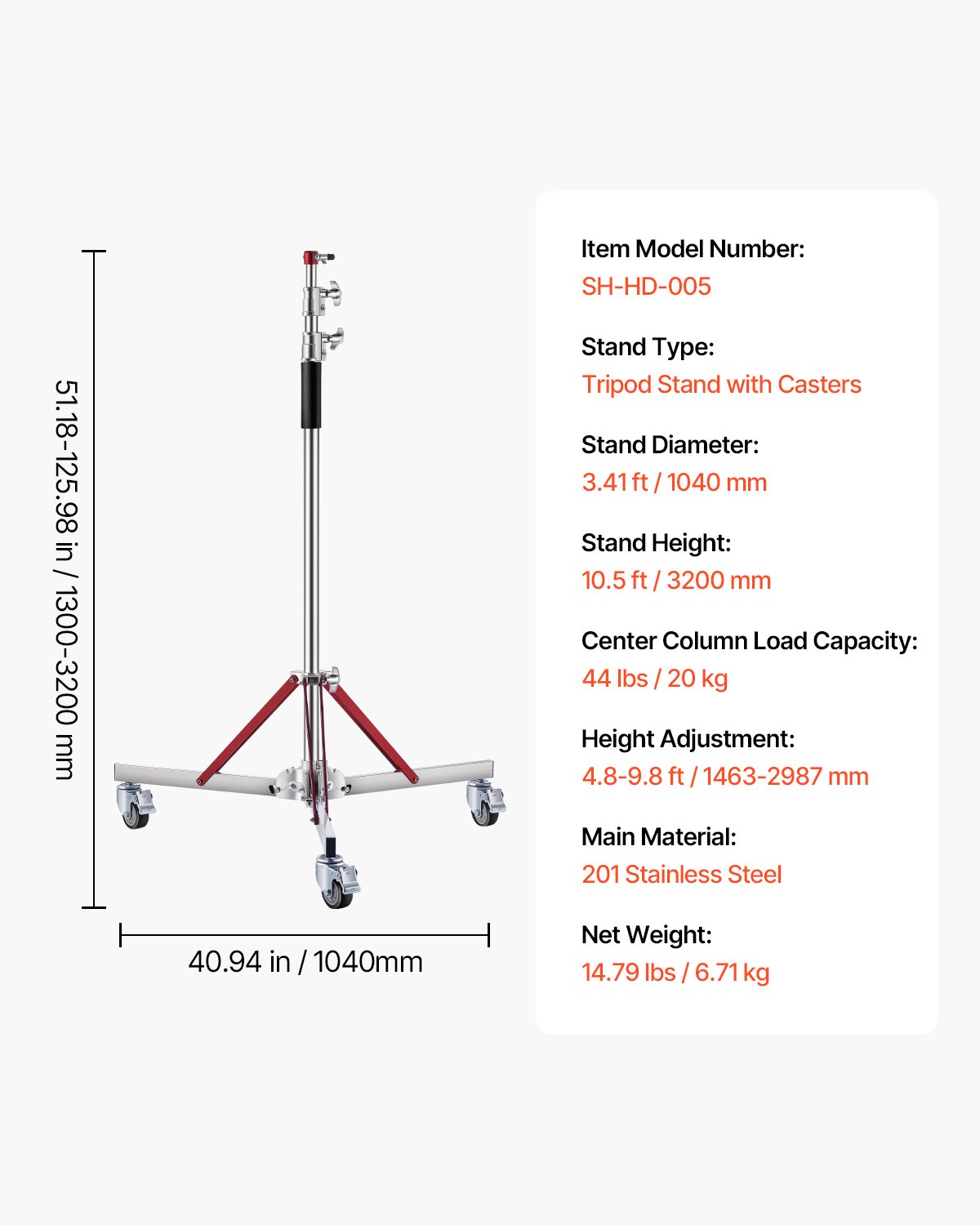 VEVOR Heavy Duty Light Stand with Casters, Max Height 10.5 ft/320 cm, Adjustable Tripod Stand with Stainless Steel, Photography Wheeled Base Stand, for Studio Softbox, Monolight, Reflector Shooting