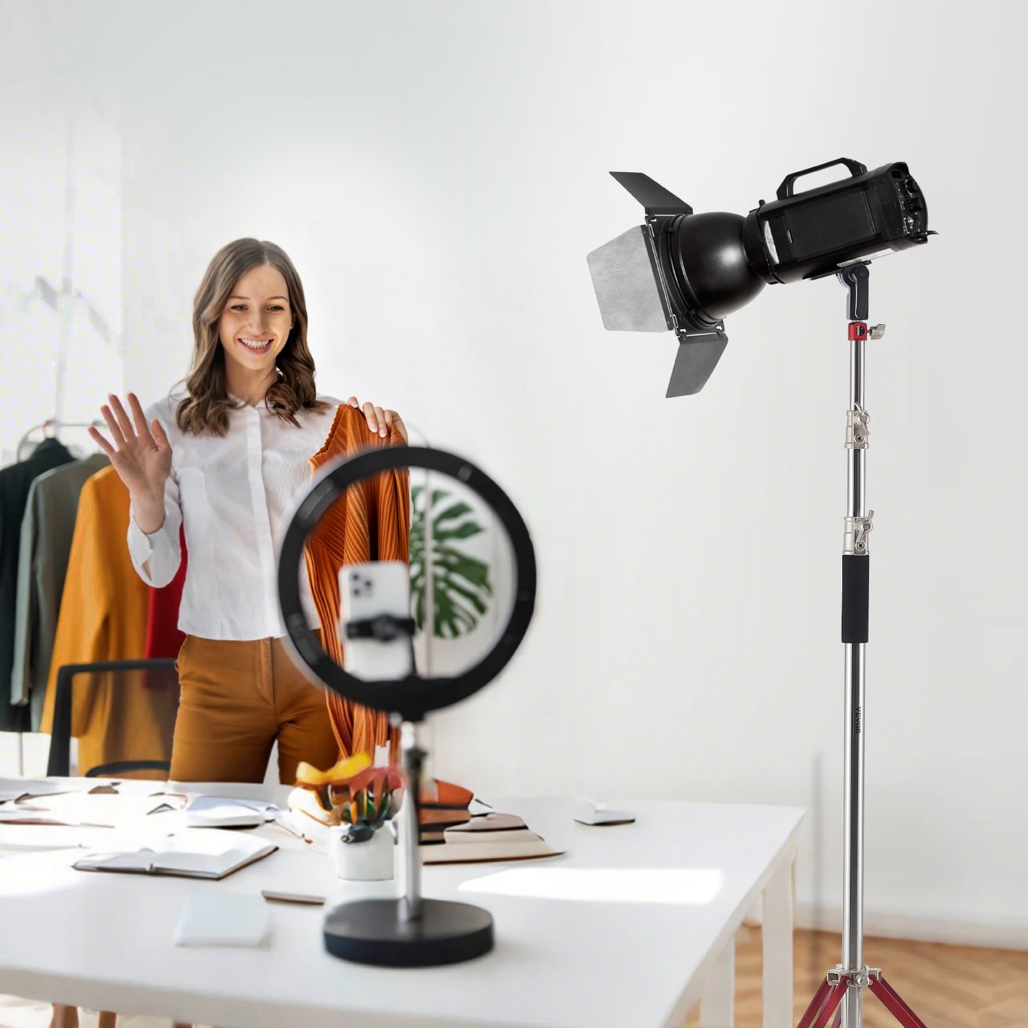 VEVOR Heavy Duty Light Stand with Casters, Max Height 10.5 ft/320 cm, Adjustable Tripod Stand with Stainless Steel, Photography Wheeled Base Stand, for Studio Softbox, Monolight, Reflector Shooting