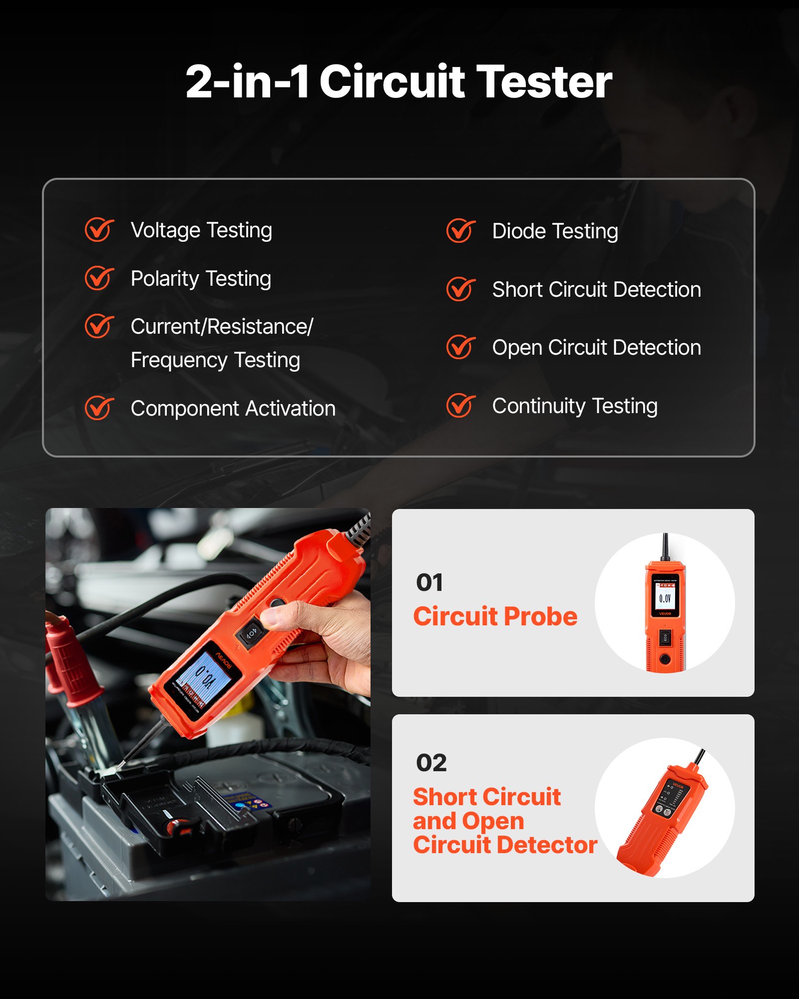 Sada pro testování automobilových obvodů VEVOR, tester sond pro DCV napájecí obvody 8–35 V s barevným TFT displejem a osvětlením, 2v1 sonda pro testování elektrického automobilového napájení s prodlužovacím kabelem 6 m