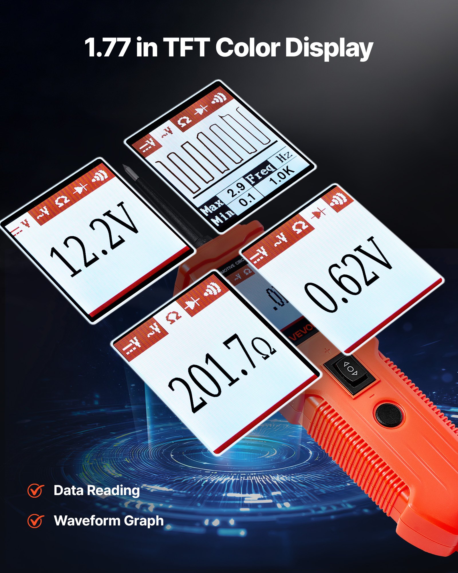 Sada pro testování automobilových obvodů VEVOR, tester sond pro DCV napájecí obvody 8–35 V s barevným TFT displejem a osvětlením, 2v1 sonda pro testování elektrického automobilového napájení s prodlužovacím kabelem 6 m