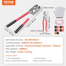 VEVOR-krympeverktøy for batterikabelplugg, 10-1/0AWG med kabelkutter og 95 STK kobberringterminaler, 6 trådstørrelser krympedyse og 100 stk krympeslanger, for kraftige trådplugger