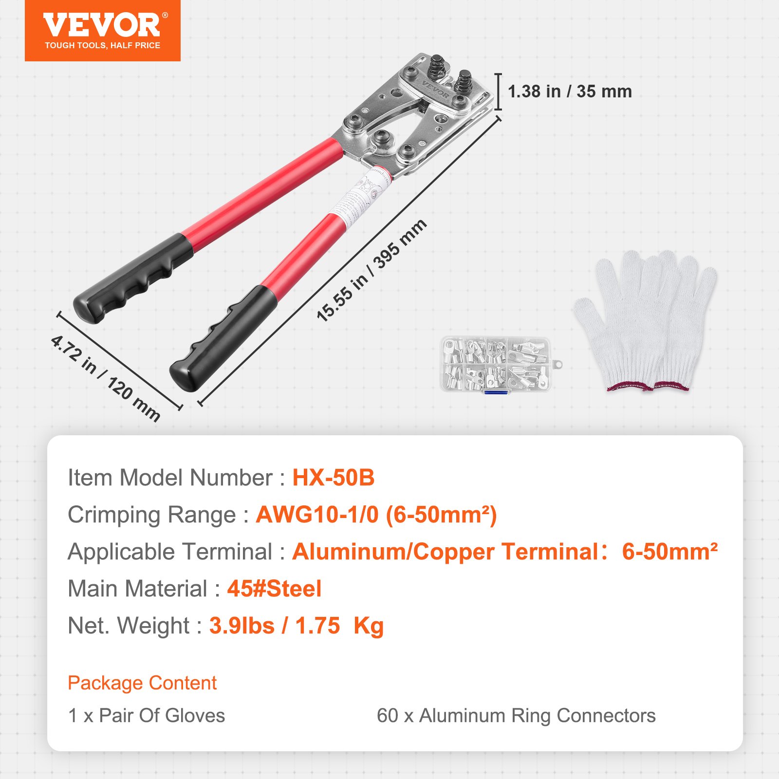 VEVOR Battery Cable Lug Crimping Tool, 10-1/0AWG Aluminum Terminal Battery Lug Crimper, with 60PCS Aluminum Ring Connectors Terminals 6 Wire Sizes Crimping Die, for Heavy Duty Wire Lugs
