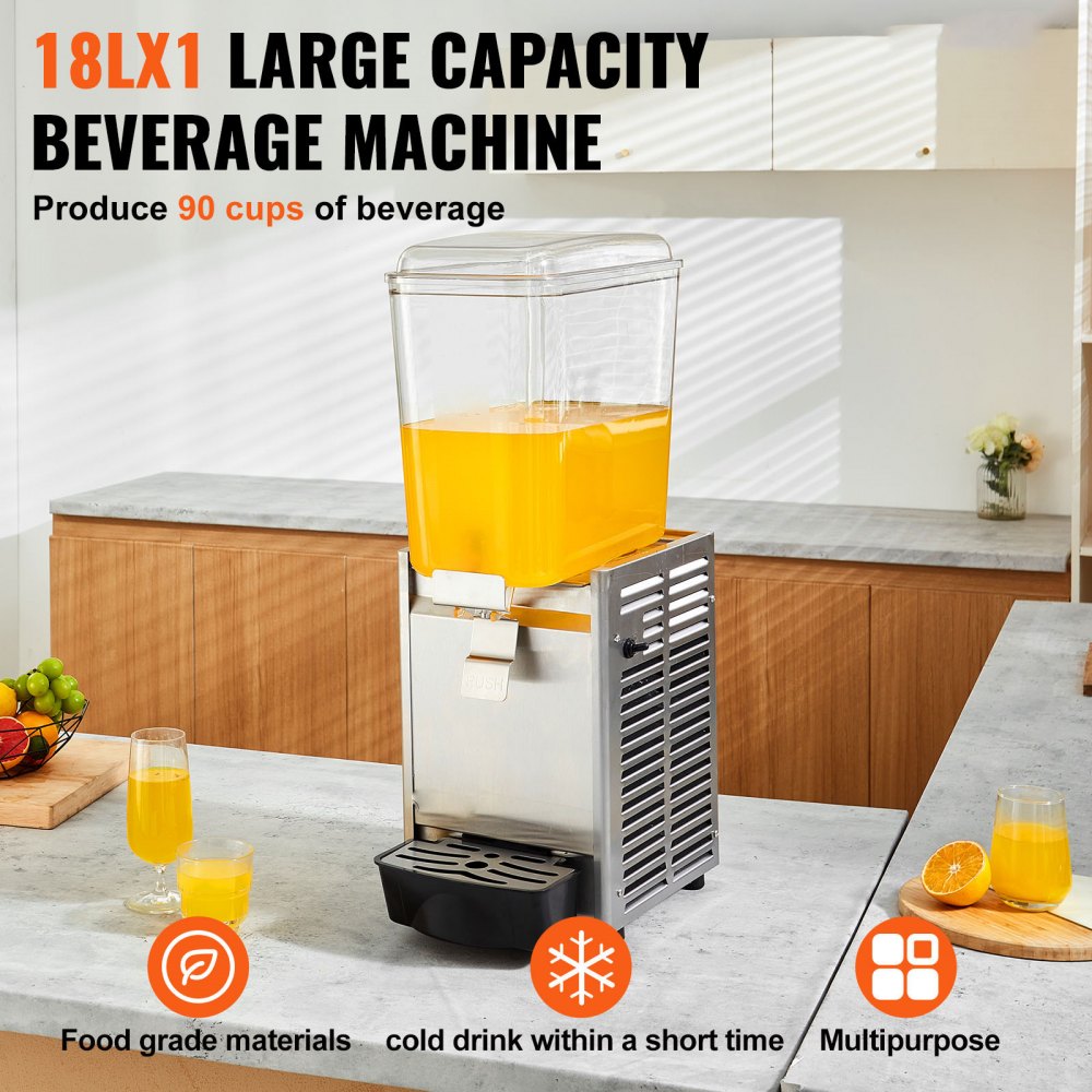 VEVOR Commercial Beverage Dispenser, 4.8 Gal,18L Single Tank Ice Tea Drink Machine, 325W 304 Stainless Steel Juice Dispenser with 41°F-53.6°F