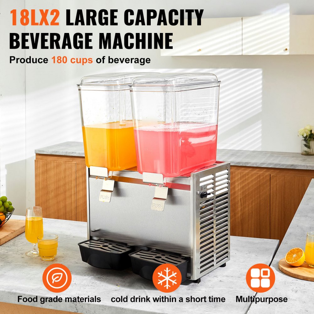 VEVOR Commercial Beverage Dispenser 20.4 qt 18L 2 Tanks Ice Tea Drink Machine 590W 304 Stainless Steel Juice Dispenser with 41°F-53.6°F Thermostat