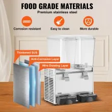VEVOR Commercial Beverage Dispenser, 20.4 Qt 18L 2 Tanks Ice Tea Drink Machine, 590W 304 Stainless Steel Juice Dispenser with 41℉-53.6℉ Thermostat Controller, for Cold Drink Restaurant Hotel Party