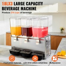 VEVOR Commercial Beverage Dispenser, 20.4 Qt 18L 3 Tanks Ice Tea Drink Machine, 680W 304 Stainless Steel Juice Dispenser with 41℉-53.6℉ Thermostat Controller, for Cold Drink Restaurant Hotel Party
