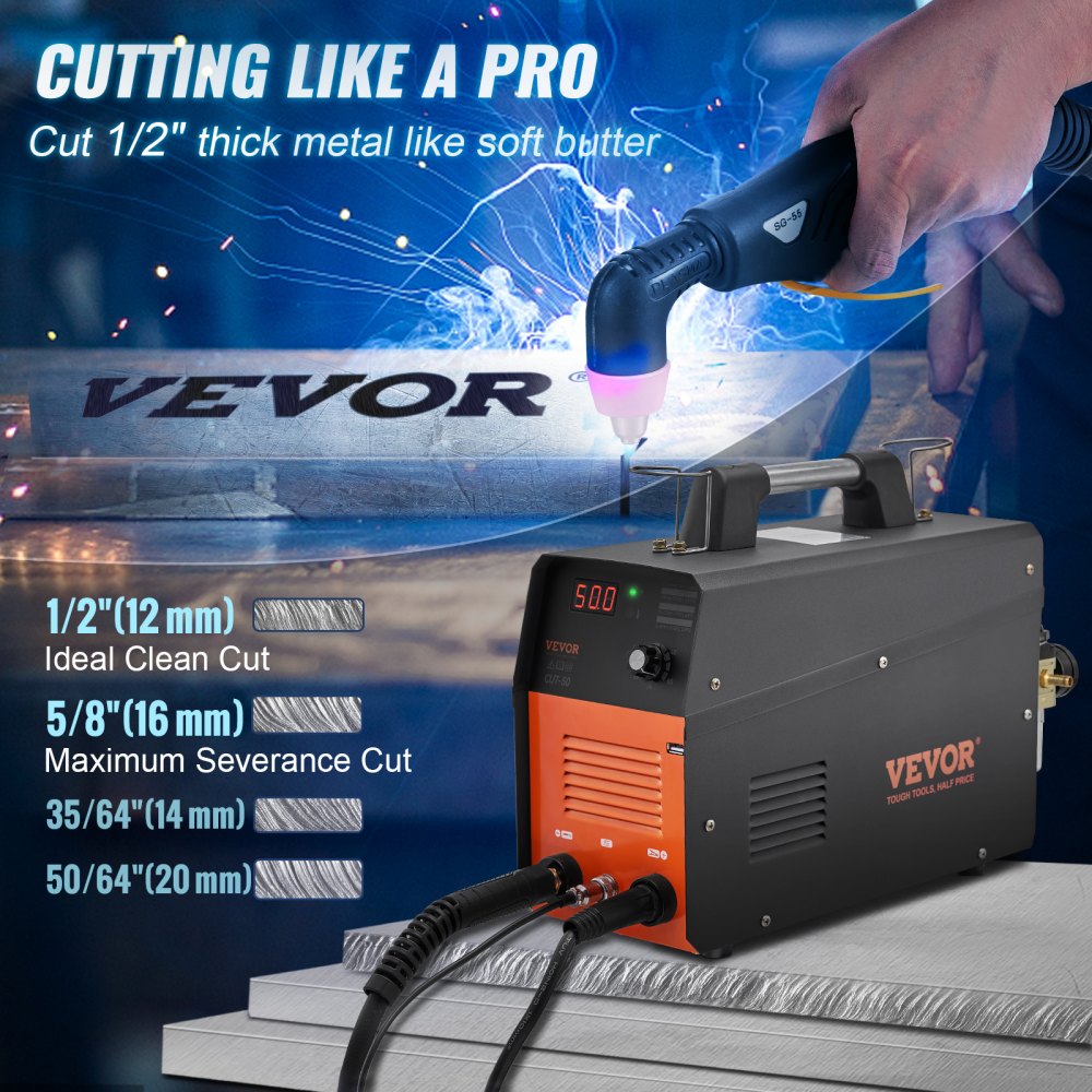 Cortadora de plasma VEVOR de 50 A, máquina de corte por aire con soplete de plasma, 110 V/220 V CA de doble voltaje, inversor IGBT, equipo de corte de metal para corte limpio de 1/2" en aluminio y acero inoxidable, color negro