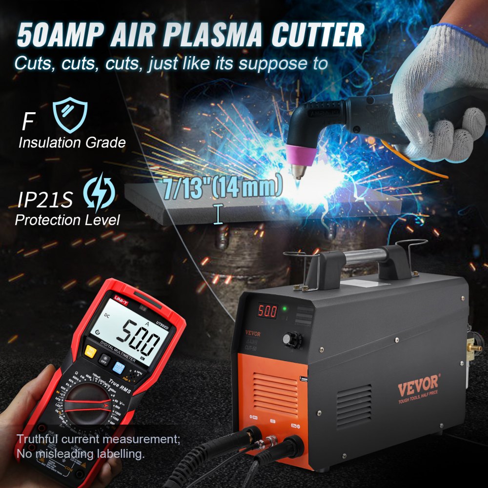 Cortadora de plasma VEVOR de 50 A, máquina de corte por aire con soplete de plasma, 110 V/220 V CA de doble voltaje, inversor IGBT, equipo de corte de metal para corte limpio de 1/2" en aluminio y acero inoxidable, color negro