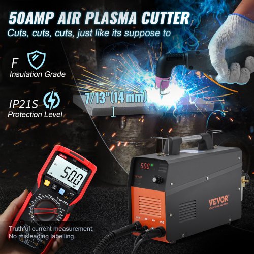 VEVOR Plasma Cutter, 50Amp, Non-Touch Pilot Arc Air Cutting Machine with Torch, 110V/220V Dual Voltage AC IGBT Inverter Metal Cutting Equipment for 1/2" Clean Cut Aluminum and Stainless Steel, Black