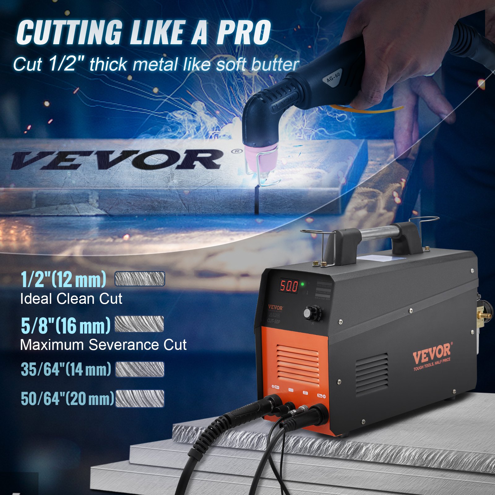 VEVOR Plasma Cutter, 50Amp, Non-Touch Pilot Arc Air Cutting Machine with Torch, 110V/220V Dual Voltage AC IGBT Inverter Metal Cutting Equipment for 1/2" Clean Cut Aluminum and Stainless Steel