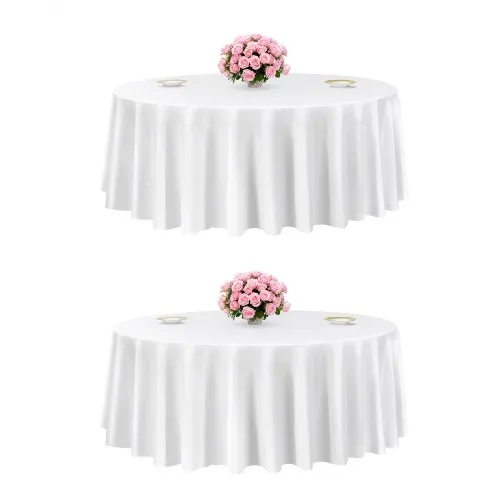 VEVOR White Round Tablecloths 2 Pack, 120 Inches in Diameter, Stain- & Wrinkle- Resistant, Machine Washable Table Clothes, Polyester Fabric Table Covers for Wedding, Party, Banquet, Formal Events