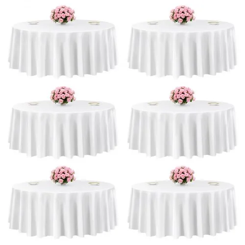 VEVOR White Round Tablecloths 6 Pack, 120 Inches in Diameter, Stain- & Wrinkle- Resistant, Machine Washable Table Clothes, Polyester Fabric Table Covers for Wedding, Party, Banquet, Formal Events