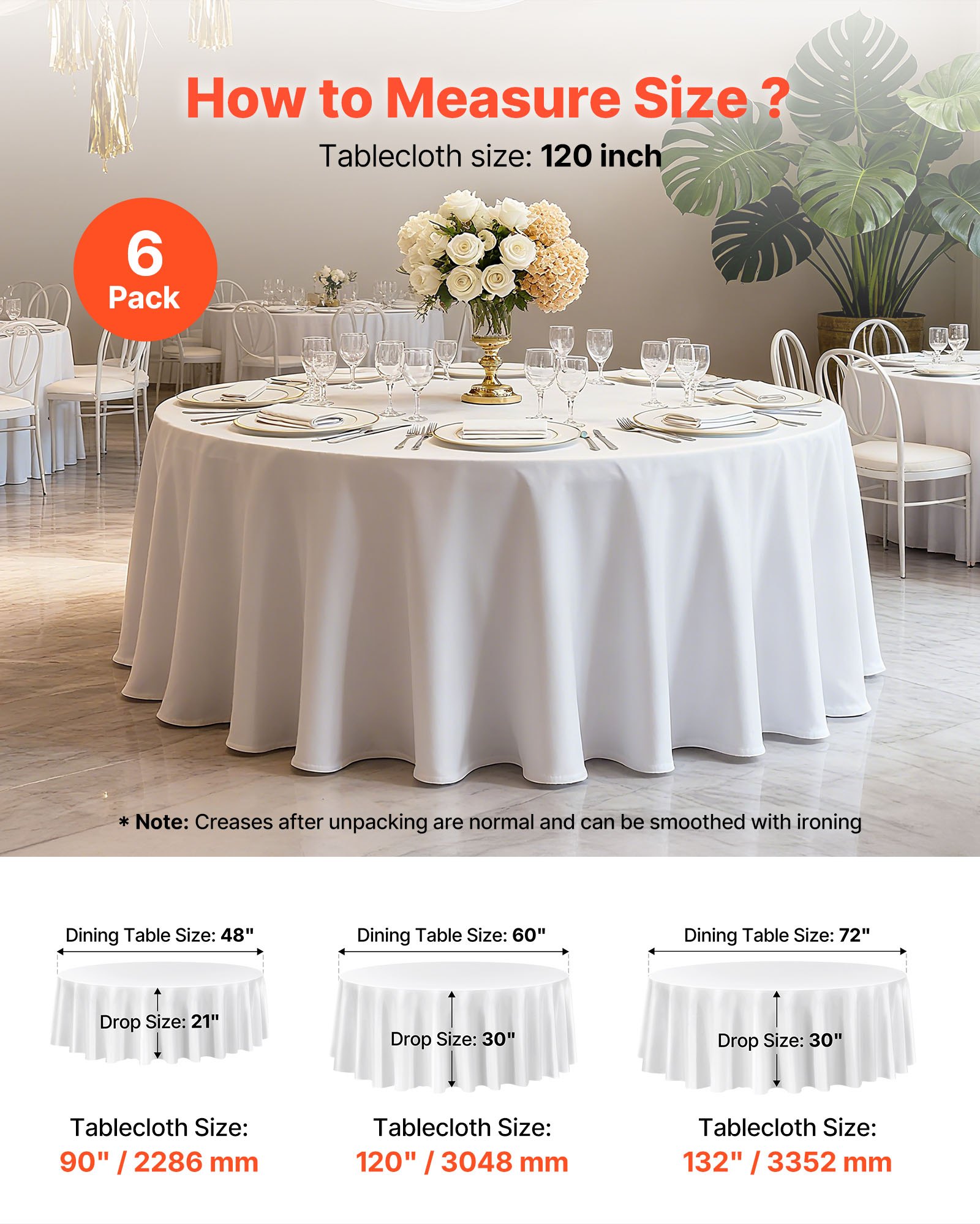 VEVOR White Round Tablecloths 6 Pack, 120 Inches in Diameter, Stain- & Wrinkle- Resistant, Machine Washable Table Clothes, Polyester Fabric Table Covers for Wedding, Party, Banquet, Formal Events
