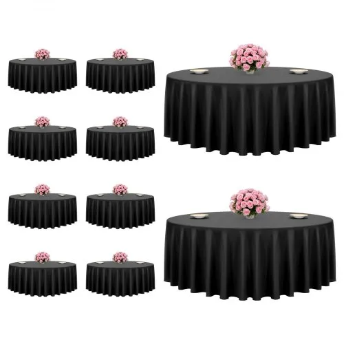 VEVOR Black Round Tablecloths 10 Pack, 120 Inches in Diameter, Stain- & Wrinkle- Resistant, Machine Washable Table Clothes, Polyester Fabric Table Covers for Wedding, Party, Banquet, Formal Events