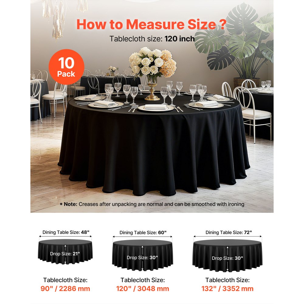 VEVOR Black Round Tablecloths 10 Pack, 120 Inches in Diameter, Stain- & Wrinkle- Resistant, Machine Washable Table Clothes, Polyester Fabric Table Covers for Wedding, Party, Banquet, Formal Events