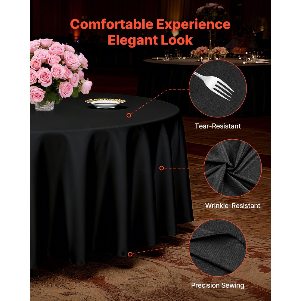 VEVOR Black Round Tablecloths 6 Pack, 120 Inches in Diameter, Stain- & Wrinkle- Resistant, Machine Washable Table Clothes, Polyester Fabric Table Covers for Wedding, Party, Banquet, Formal Events