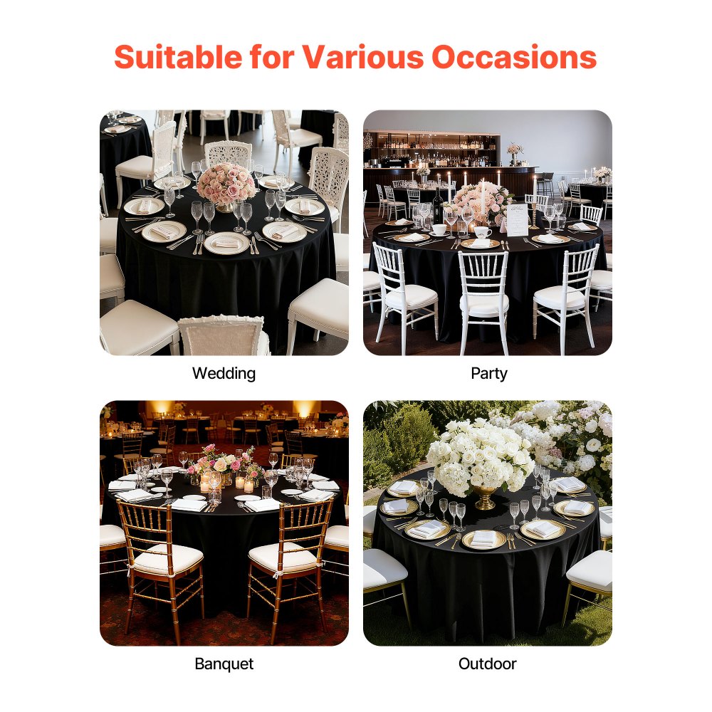 VEVOR Black Round Tablecloths 6 Pack, 120 Inches in Diameter, Stain- & Wrinkle- Resistant, Machine Washable Table Clothes, Polyester Fabric Table Covers for Wedding, Party, Banquet, Formal Events