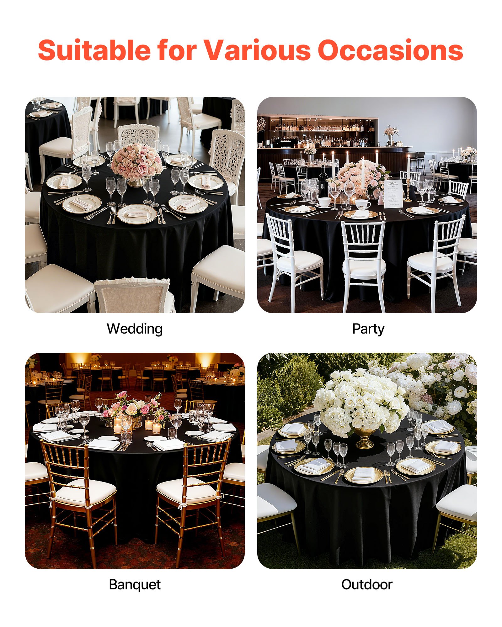 VEVOR Black Round Tablecloths 6 Pack, 120 Inches in Diameter, Stain- & Wrinkle- Resistant, Machine Washable Table Clothes, Polyester Fabric Table Covers for Wedding, Party, Banquet, Formal Events