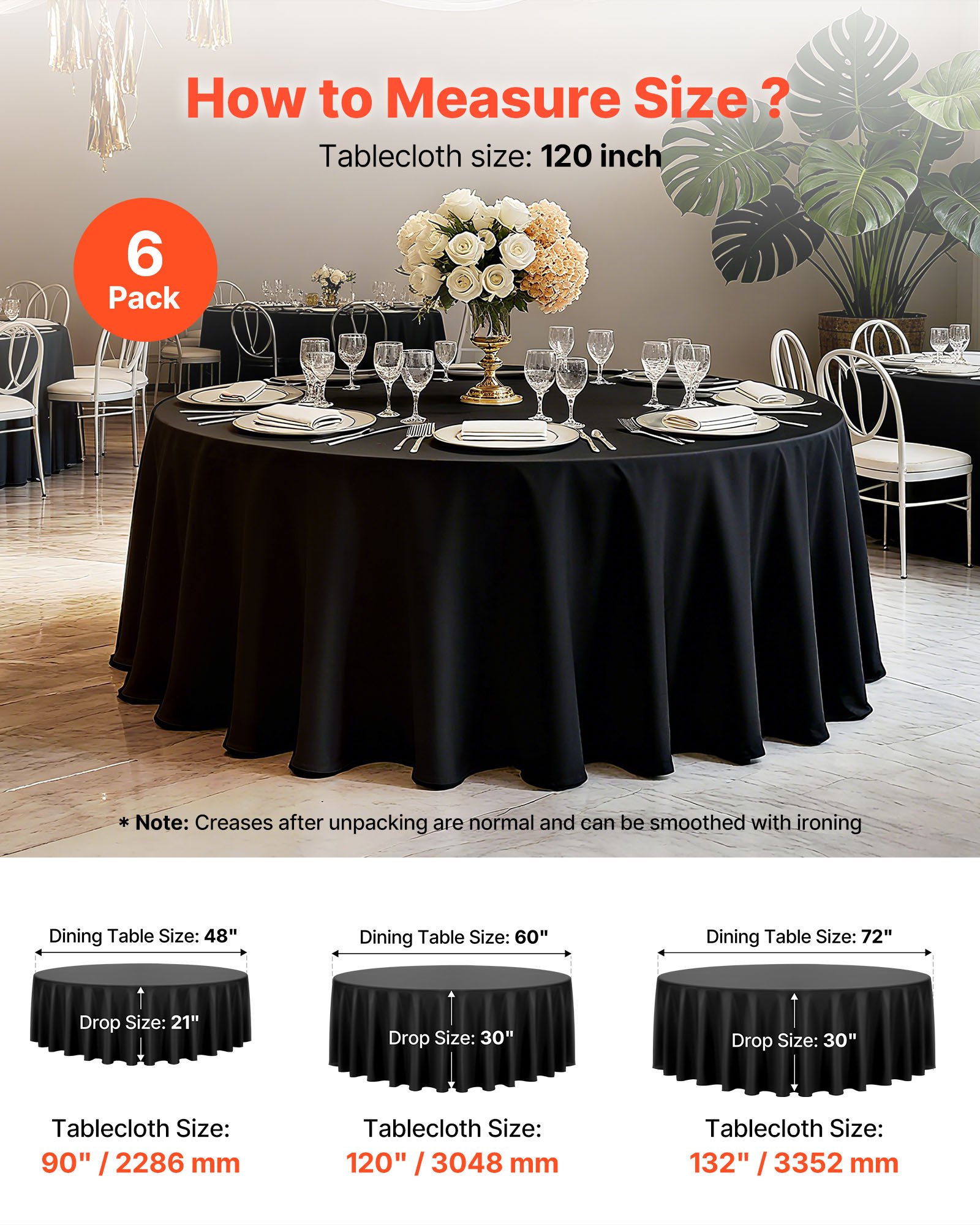 VEVOR Black Round Tablecloths 6 Pack, 120 Inches in Diameter, Stain- & Wrinkle- Resistant, Machine Washable Table Clothes, Polyester Fabric Table Covers for Wedding, Party, Banquet, Formal Events