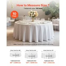 VEVOR White Round Tablecloths 10 Pack, 132 Inches in Diameter, Stain- & Wrinkle- Resistant, Machine Washable Table Clothes, Polyester Fabric Table Covers for Wedding, Party, Banquet, Formal Events
