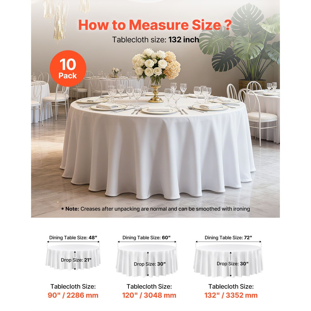 VEVOR White Round Tablecloths 6 Pack, 132 Inches in Diameter, Stain- & Wrinkle- Resistant, Machine Washable Table Clothes, Polyester Fabric Table Covers for Wedding, Party, Banquet, Formal Events